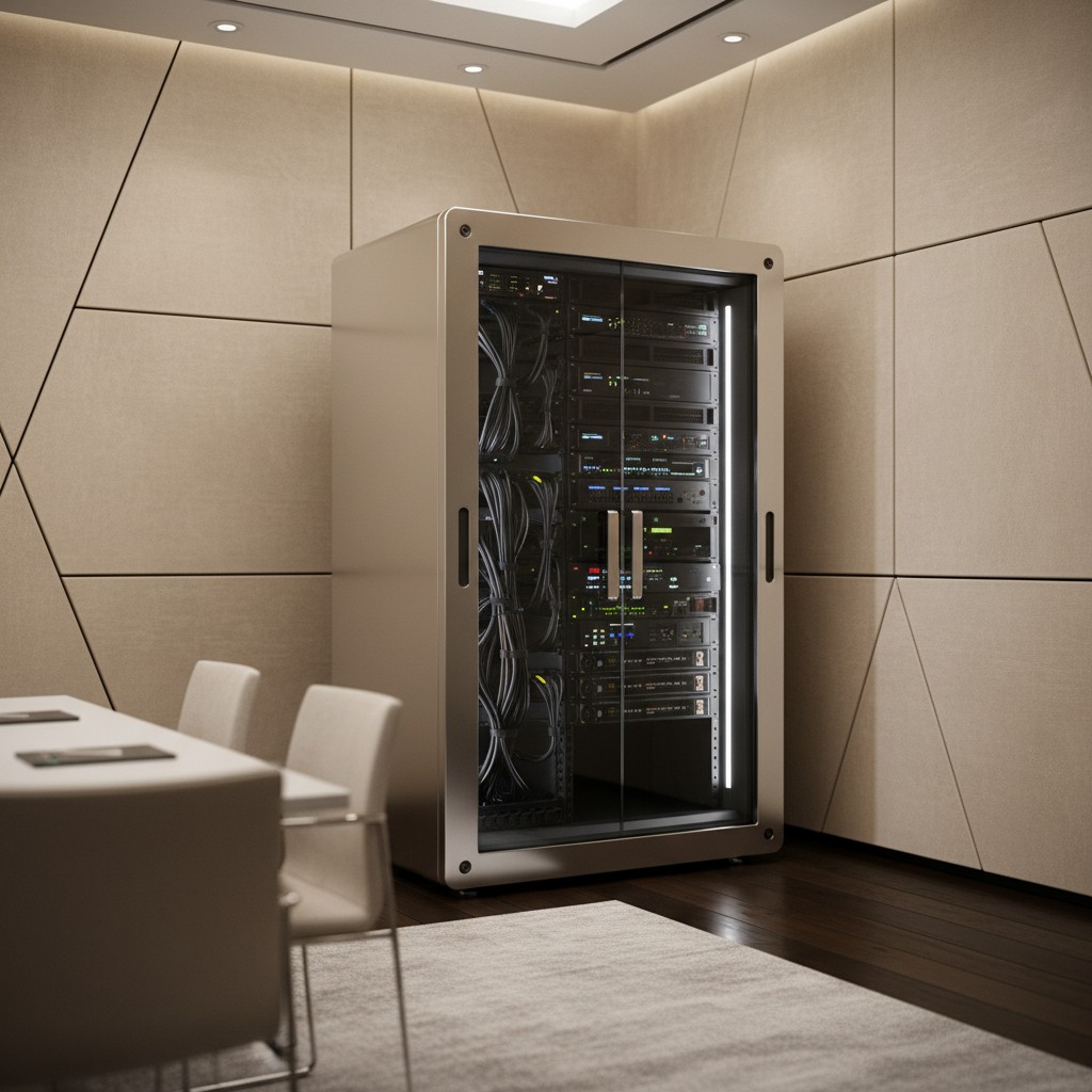 A server rack in an office setting.