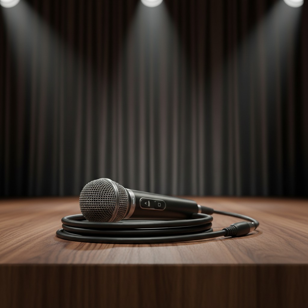 A microphone on a wooden stage, facing left, with a visible serial port, resting on coiled black cabling extending to the ...