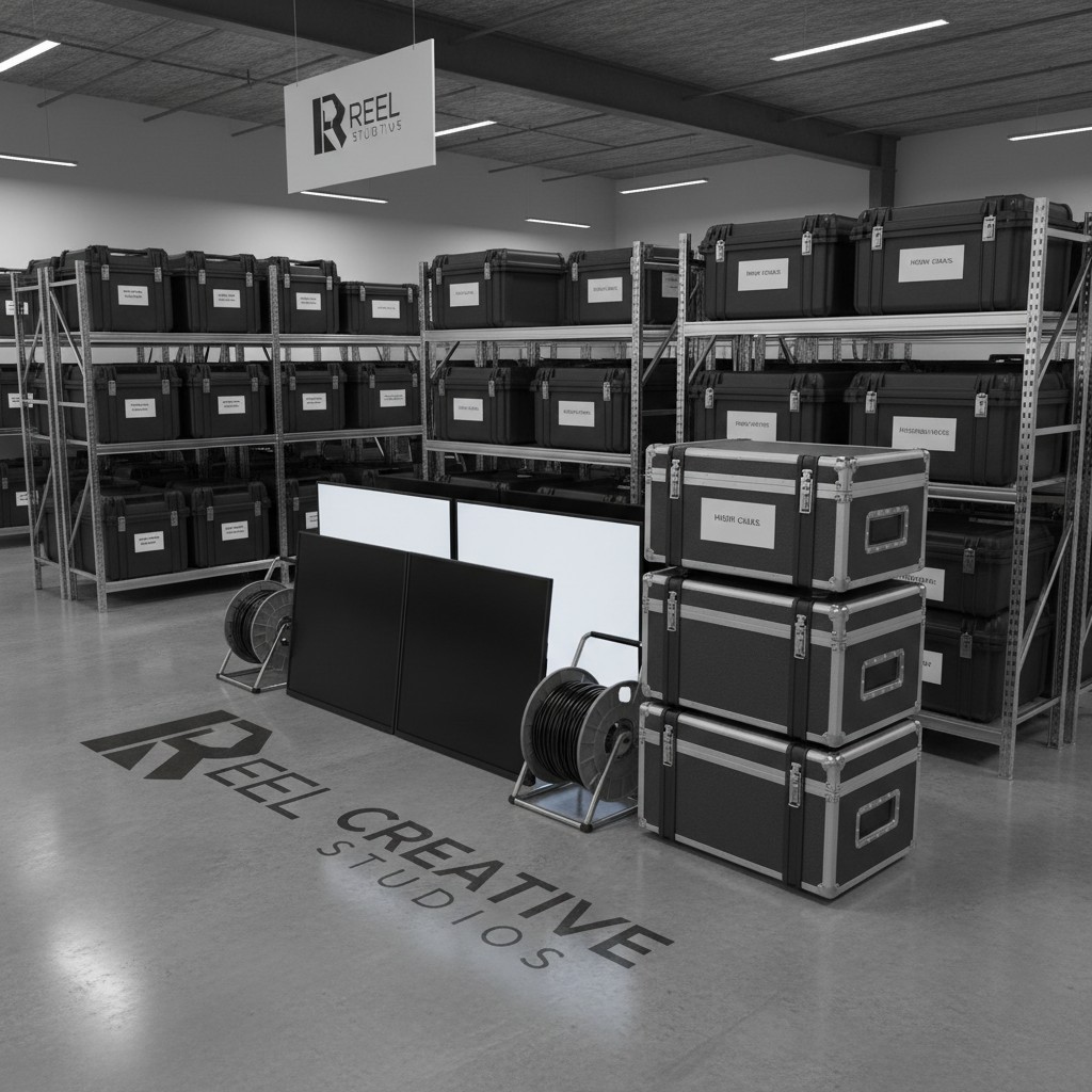 A warehouse with several reels on floors and shelving. The warehouse is labeled "Reel Creative Studios" with a sign indica...