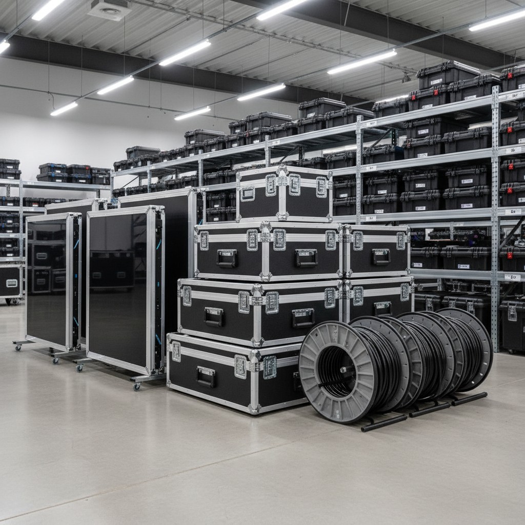 A large room or warehouse filled with stacked equipment cases and shelves, featuring a mostly silver and black color scheme.