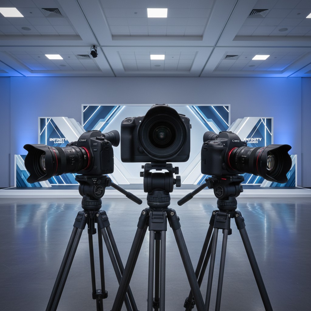 Three cameras on tripods in a room with a geometric design in the background.