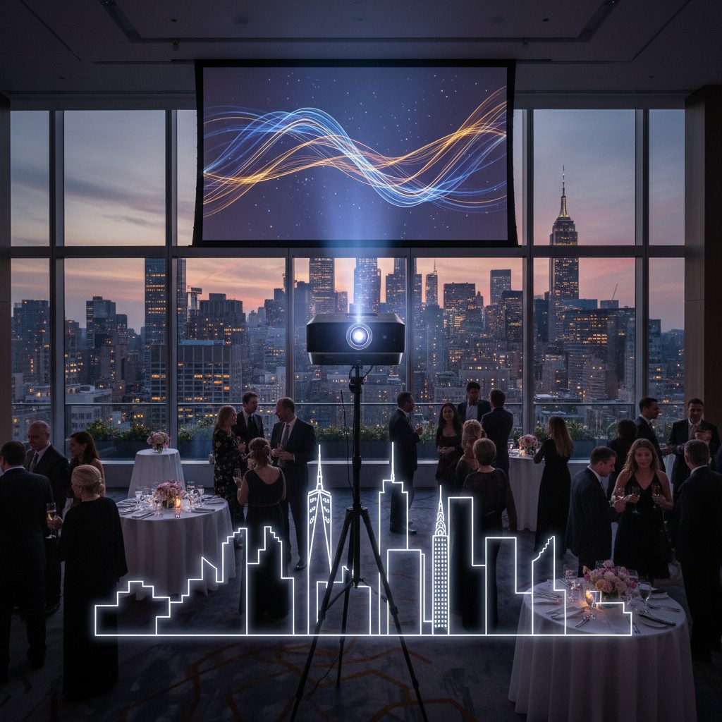A large-screen projector with a room filled with people and a city skyline in the background.