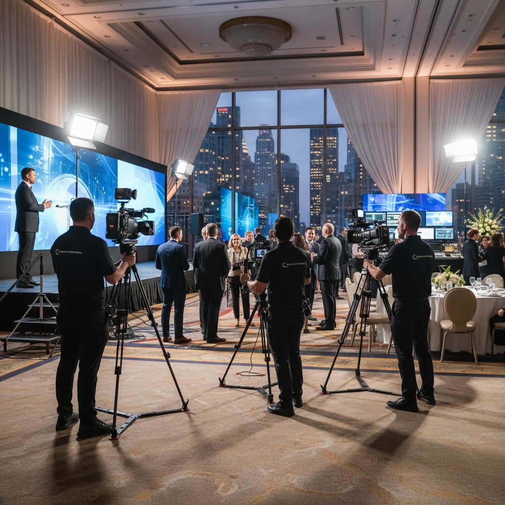 A room full of people, with tall skyscrapers visible through a large window at the back, oversees a video production team ...