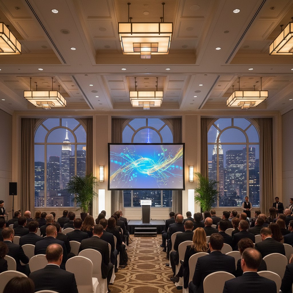 Large meeting room with NYC skyline visible through large windows. Speakers and audience view a power point presentation.