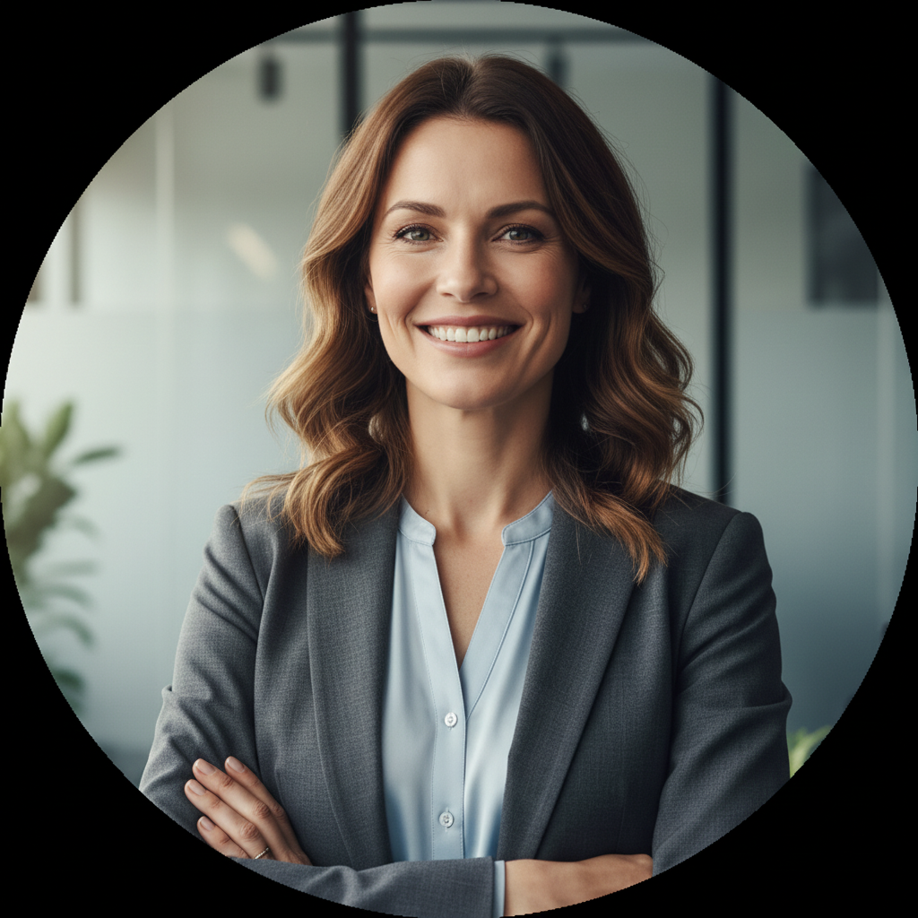 A close-up headshot of a friendly, average-looking professional woman in a corporate setting. Her face fills most of the circular frame, making the image feel personal and relatable, not staged or overly polished.