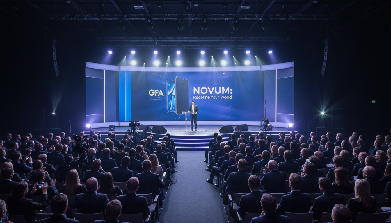 tech product launch event, sophisticated lighting, professional video and sound production, business audience, modern indoor venue, no outdoor sports, focus on stage and presentation