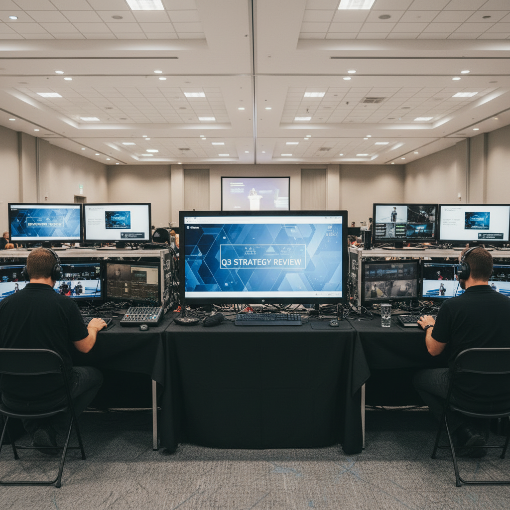 simple video village setup for an indoor corporate event, realistic photo style